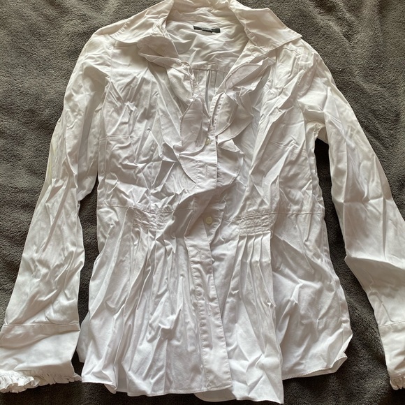 White long sleeve full button blouse w ruffles - Picture 5 of 5